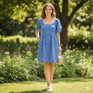 Rhode x Target Blue Eyelet Puff Sleeve Mini Dress Size L Babydoll Lined New Tag